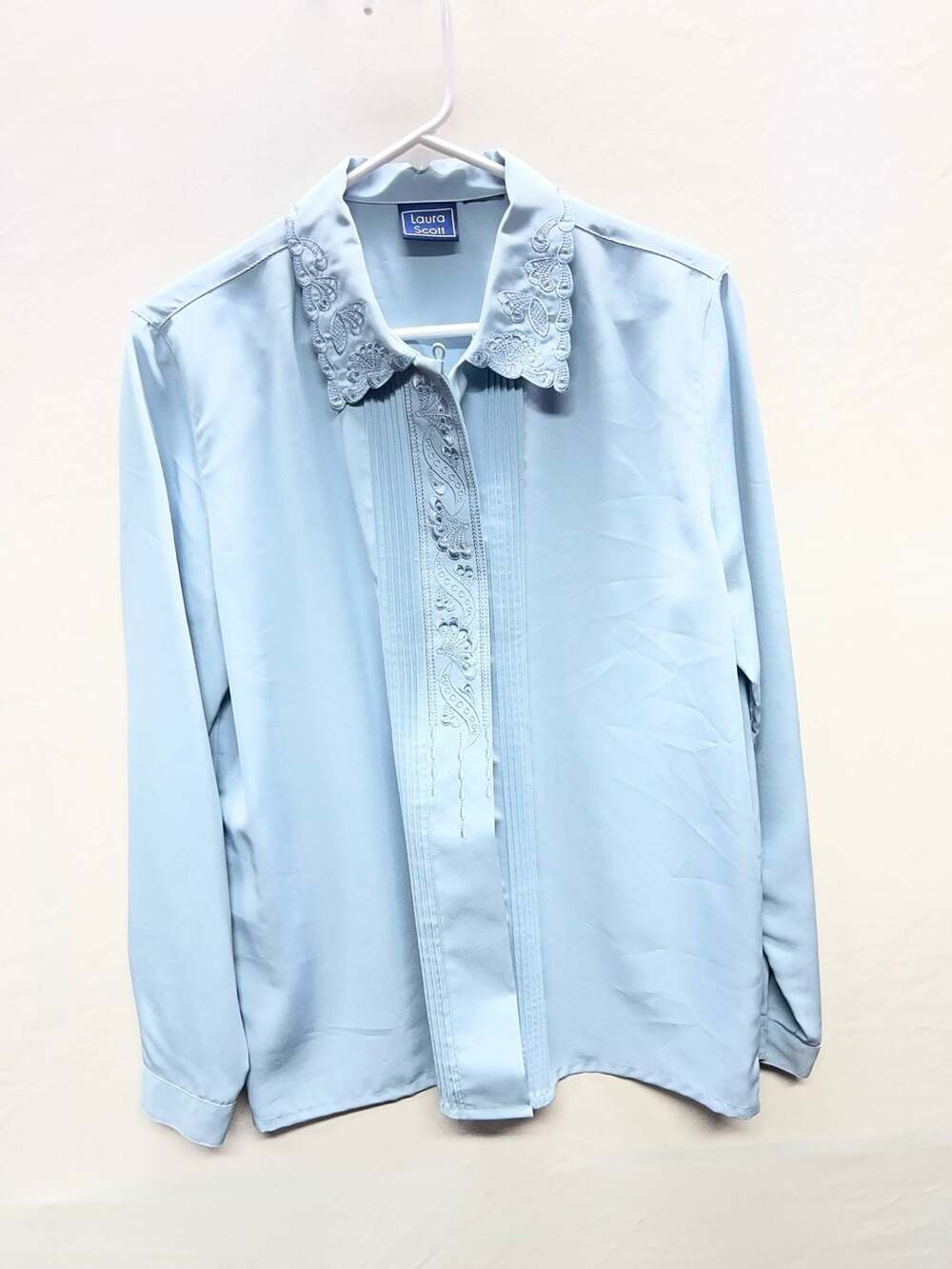 Laura Scott Blouse Light Blue Long Sleeve Embroidered Lace Collar
